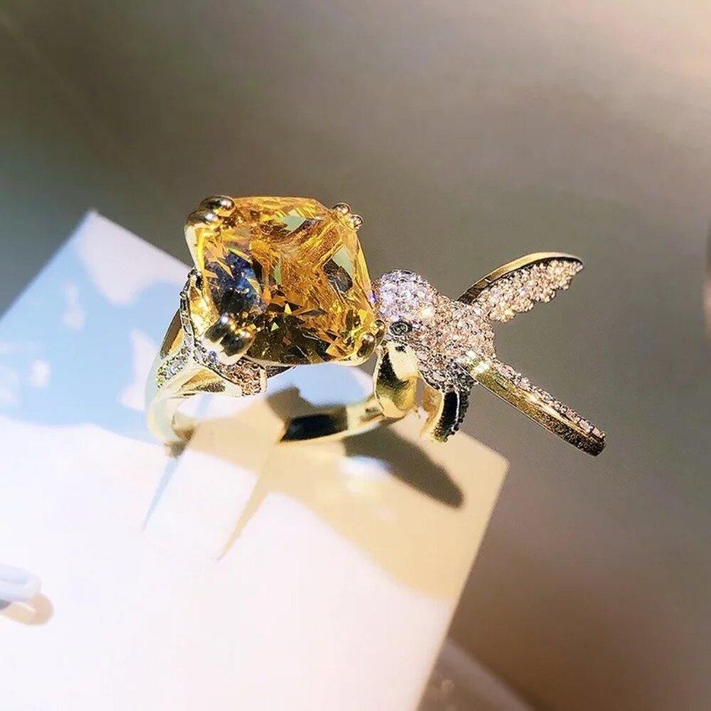 Women's Rhinestone Yellow Hummingbird Ring - Adjustable - Picture 3 of 3